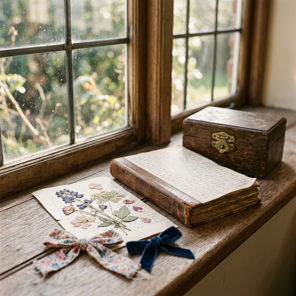 Pressed flowers, handwritten book, wooden box, and hair ribbons on a windowsill