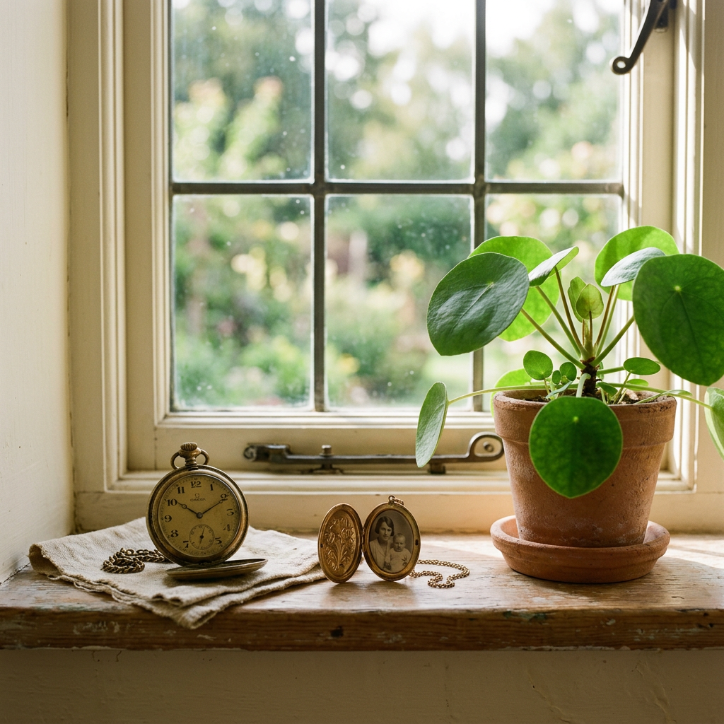 Pocket watch, family keepsake, and green plant